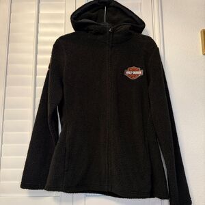 Harley Davidson Sherpa Fleece Hoodie Jacket Womens L Large Black Full Zip